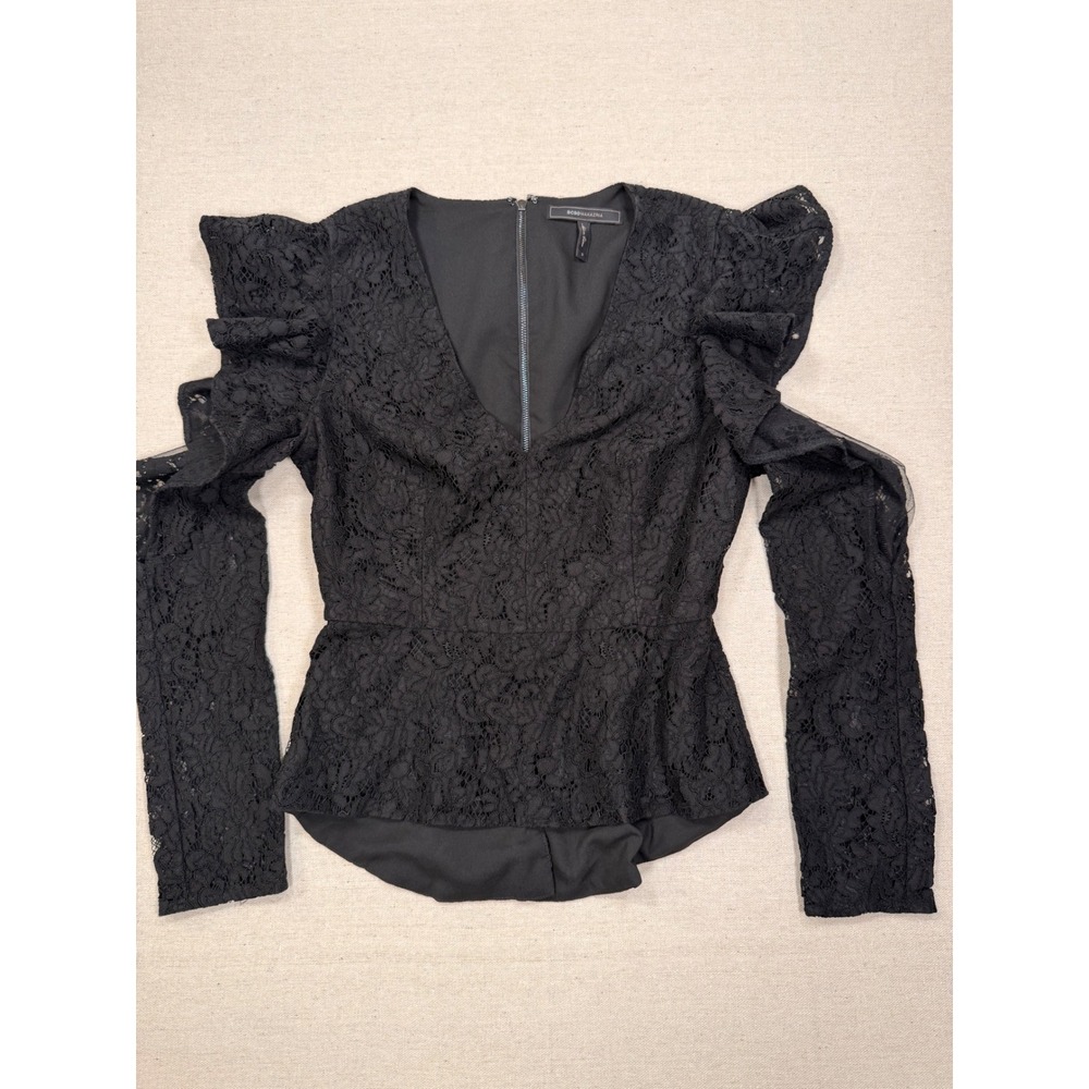 BCBGMAXAZRIA Black Lace Peplum Top Ruffle Cold Shoulder V-Neck Size S